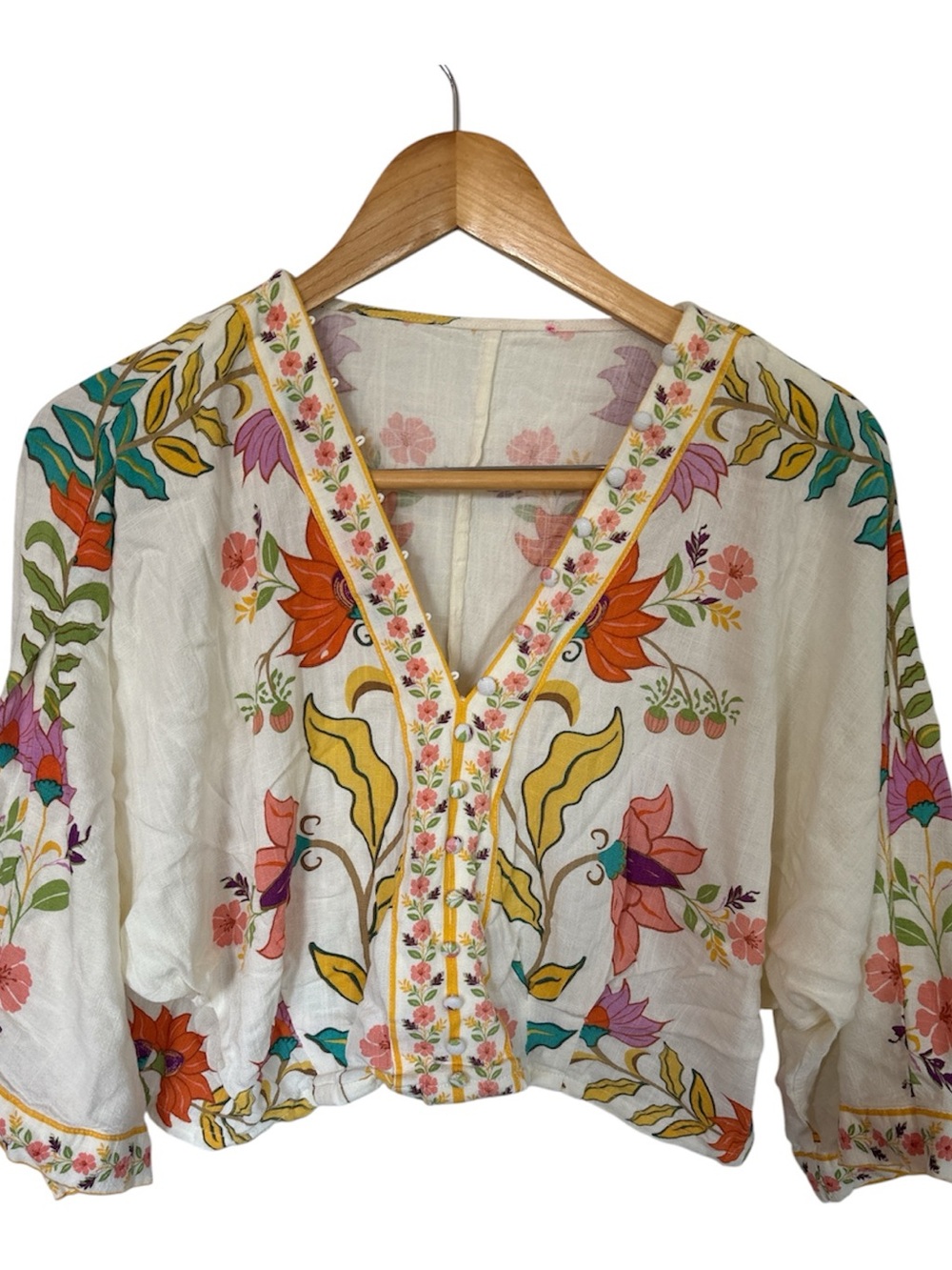 Floral Embroidered V-Neck Women’s Top in Cream with Multicolor Floral Print